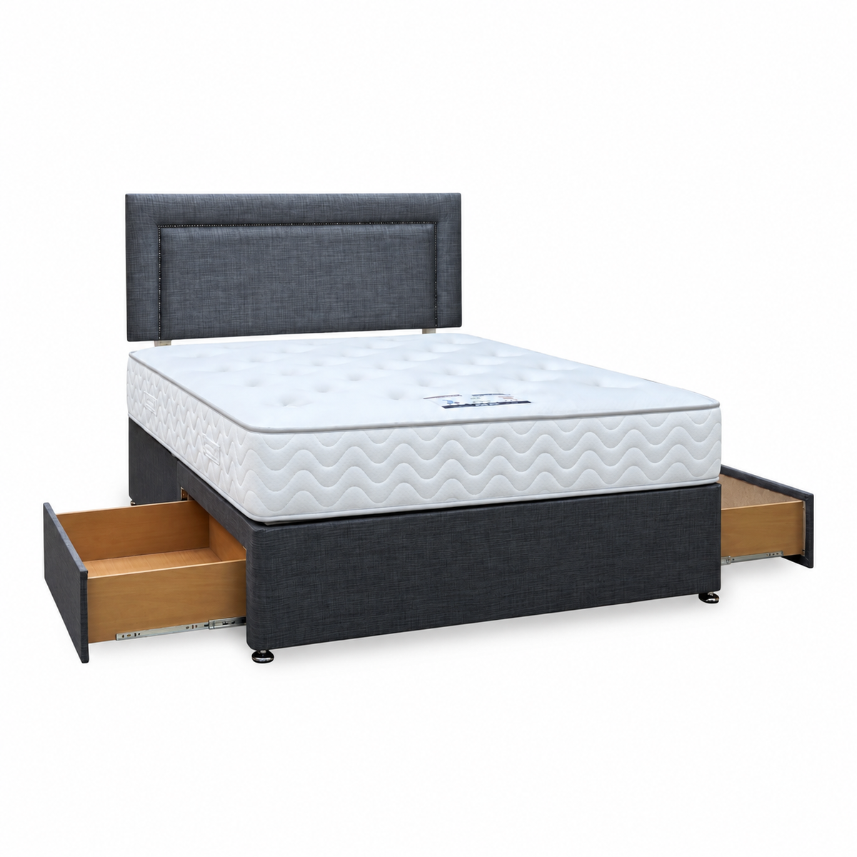 George grey fabric king divan bed with 2 drawers open, angled view with the strutted headboard