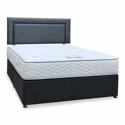 George grey fabric king divan bed with drawers closed, angled view from the left