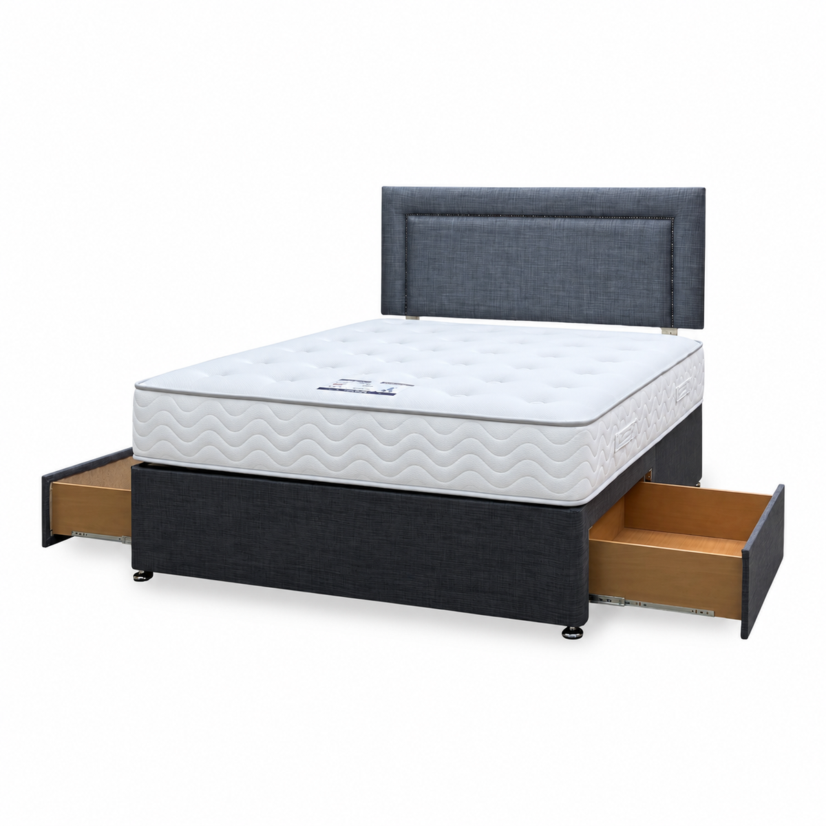 George grey fabric divan bed from the right with both storage drawers pulled open