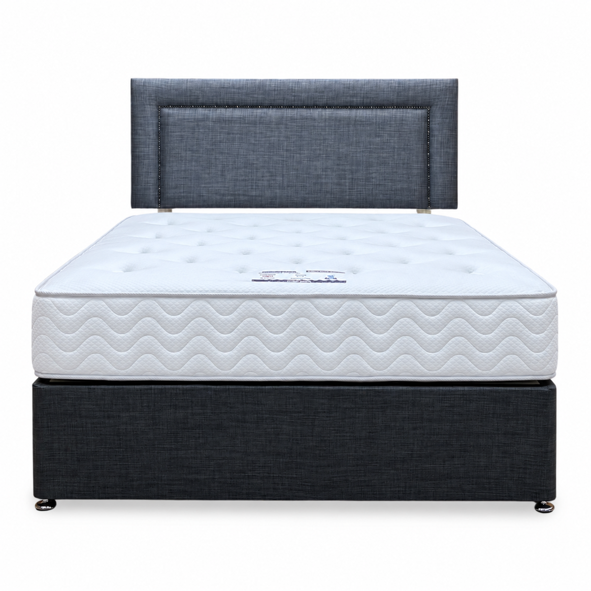 Front view of the George grey fabric strutted headboard, divan base and Lullaby mattress