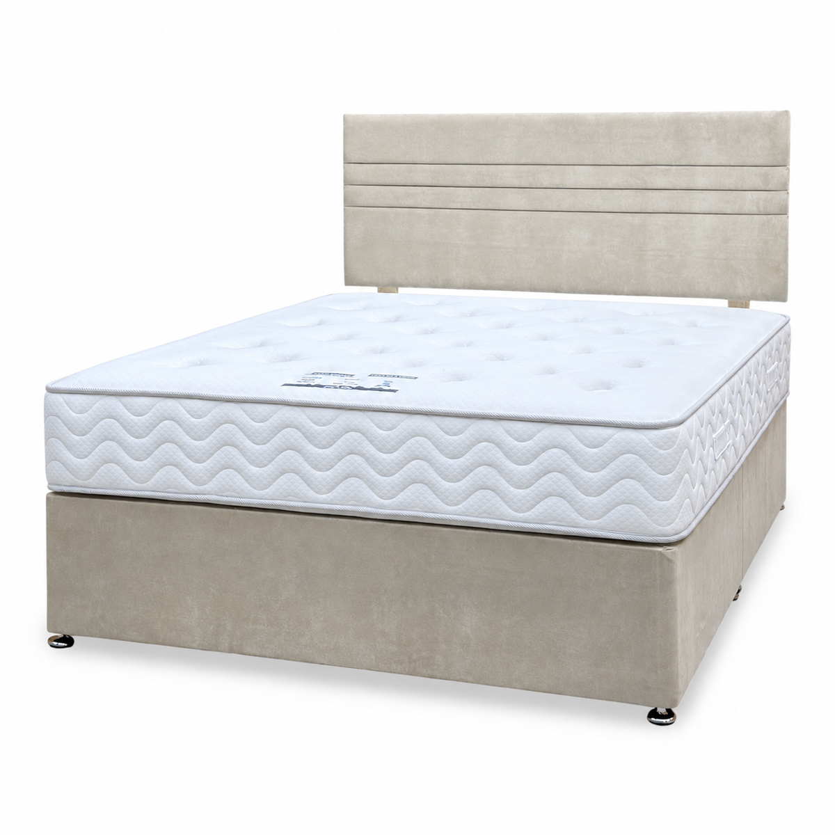 'Edward' Stone Fabric Strutted Headboard + Divan Base + Lullaby 1500 Pocket Mattress Package Deal - King