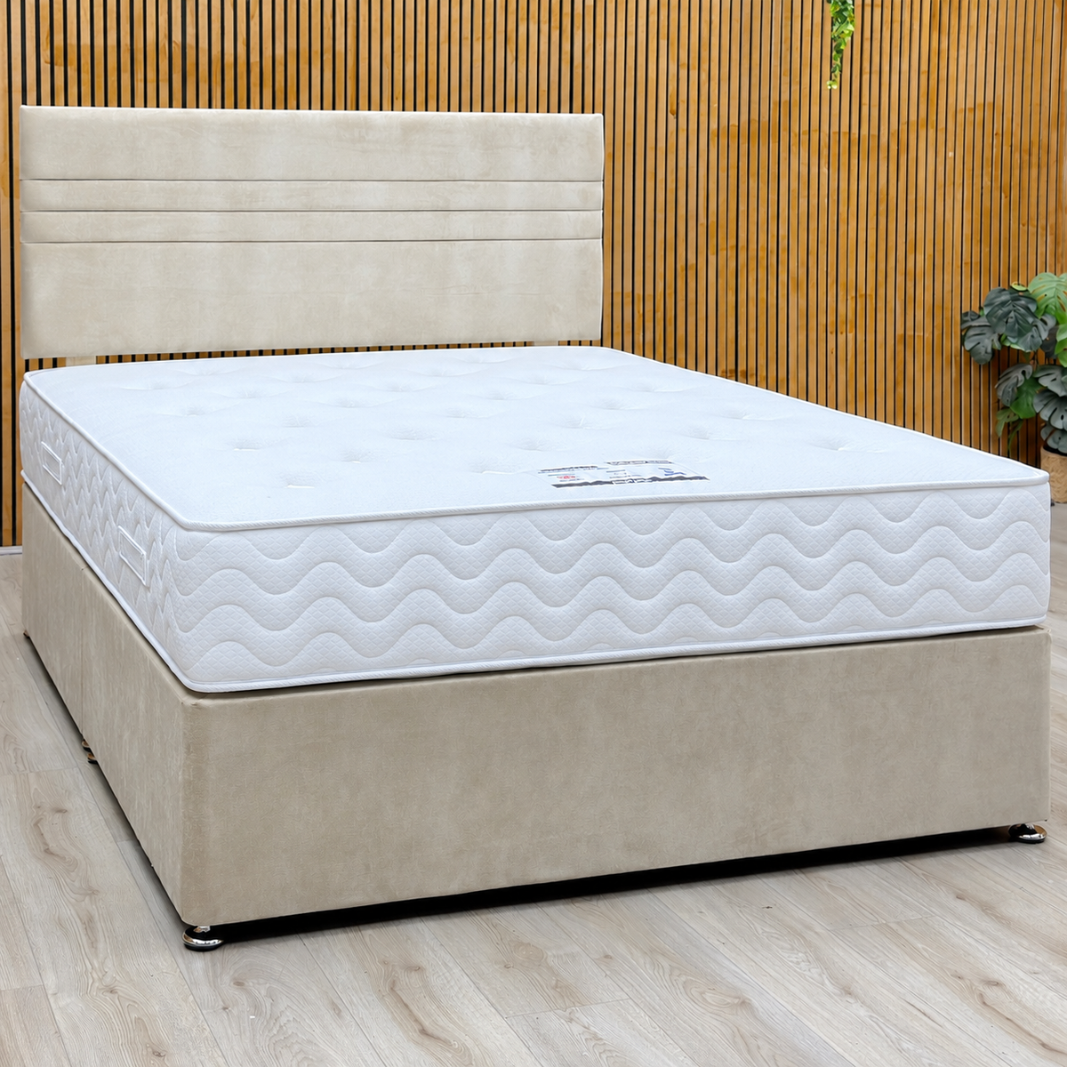 'Edward' Stone Fabric Strutted Headboard + Divan Base + Lullaby 1500 Pocket Mattress Package Deal - King