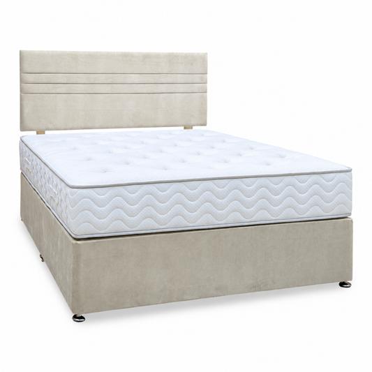 Edward stone fabric king size divan bed with strutted headboard and Lullaby 1500 pocket mattress, angled view