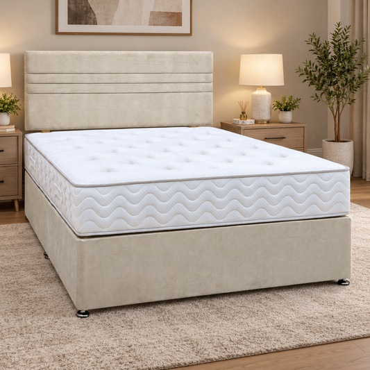 Edward stone fabric king divan bed and Lullaby pocket mattress in a bedroom with oak bedside tables