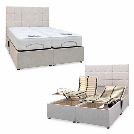 Atlas champagne fabric king adjustable divan set shown with the mattresses on and with the slatted bases raised