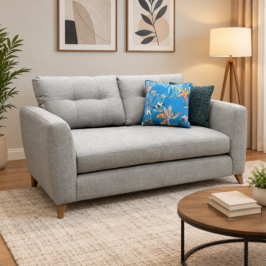 The Lounge Co. Hermione grey 2 seater sofa in a living room with framed prints and a round coffee table