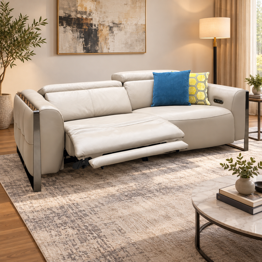 'Gisella' Cat-40:08 Oyster Leather 3 Seater Power Recliner Sofa with Power Headrests