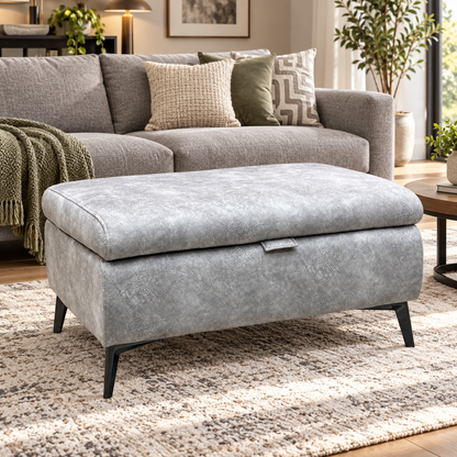 'Ezra' Marble Stone Grey Velvet Fabric Storage Footstool