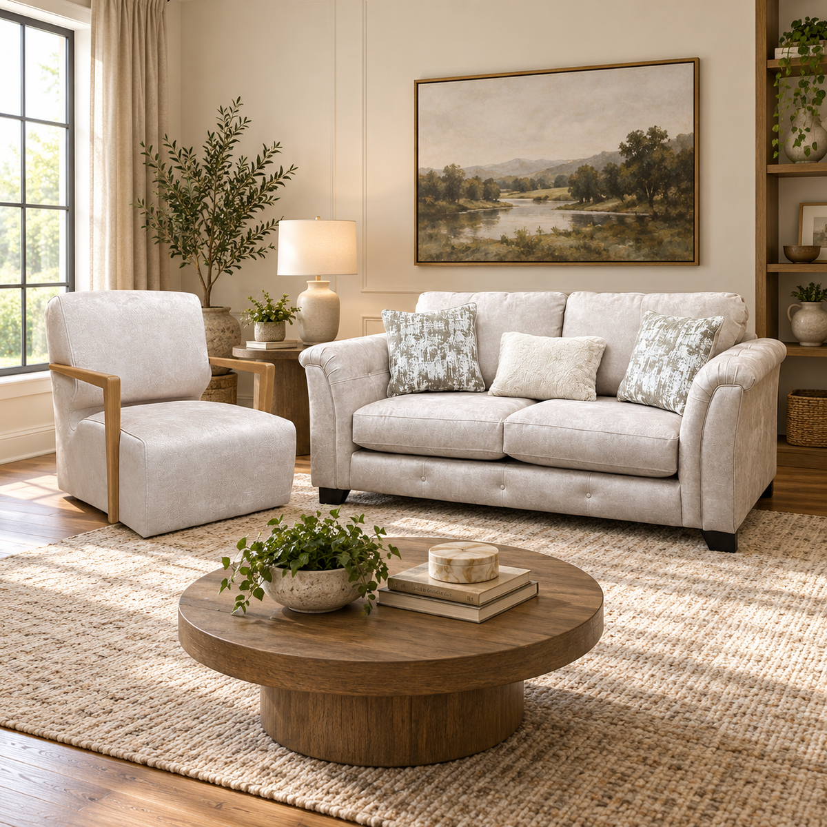 Aura cream velvet 3 seater sofa and swivel chair in a living room with a round wooden coffee table