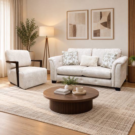 'Aura' Kenzo Cream Dw Ft Velvet Fabric 3 Seater Classic Back Sofa + Swivel Chair with Dark Wood Arm