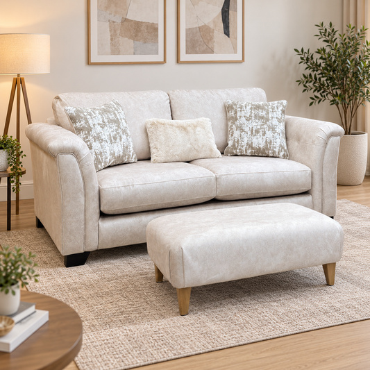 'Aura' Kenzo Cream Dw Ft Velvet Fabric 3 Seater Classic Back Sofa + Footstool with Oak Legs