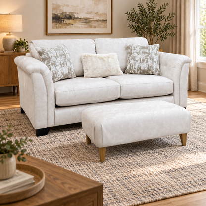 ‘Aura’ Kenzo Cream Dw Ft Velvet Fabric 3 Seater Classic Back Sofa + Footstool