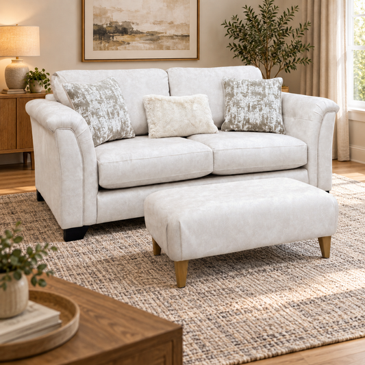 ‘Aura’ Kenzo Cream Dw Ft Velvet Fabric 3 Seater Classic Back Sofa + Footstool