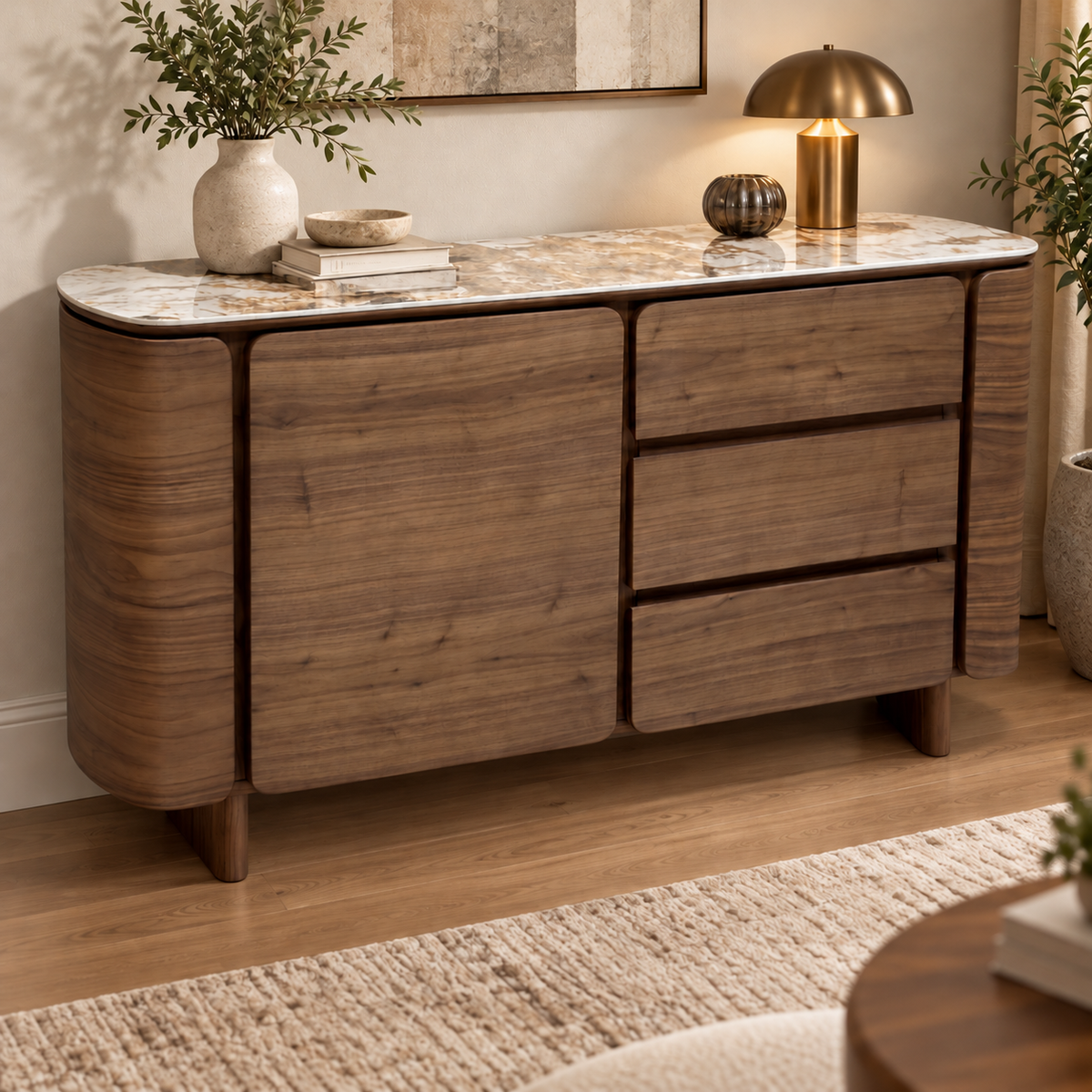 Mekong marble effect ceramic top sideboard in a living room with a gold lamp and vase on top