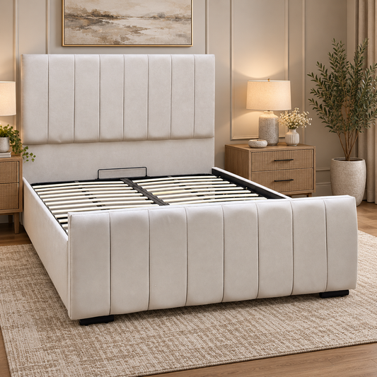 Maxwell taupe fabric king ottoman bed in a bedroom with wicker bedside tables and a woven rug