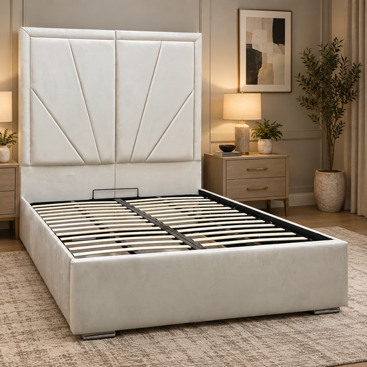 Bentley cream velvet king ottoman bed with high panelled headboard in a bedroom scene