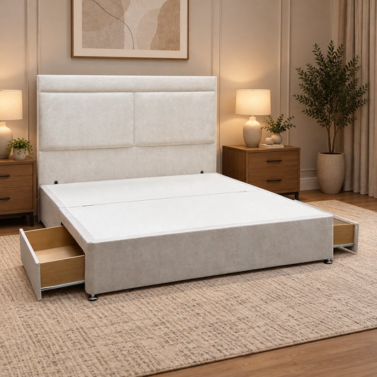 Lawrence cream fabric super king divan with headboard in a bedroom, both storage drawers pulled open