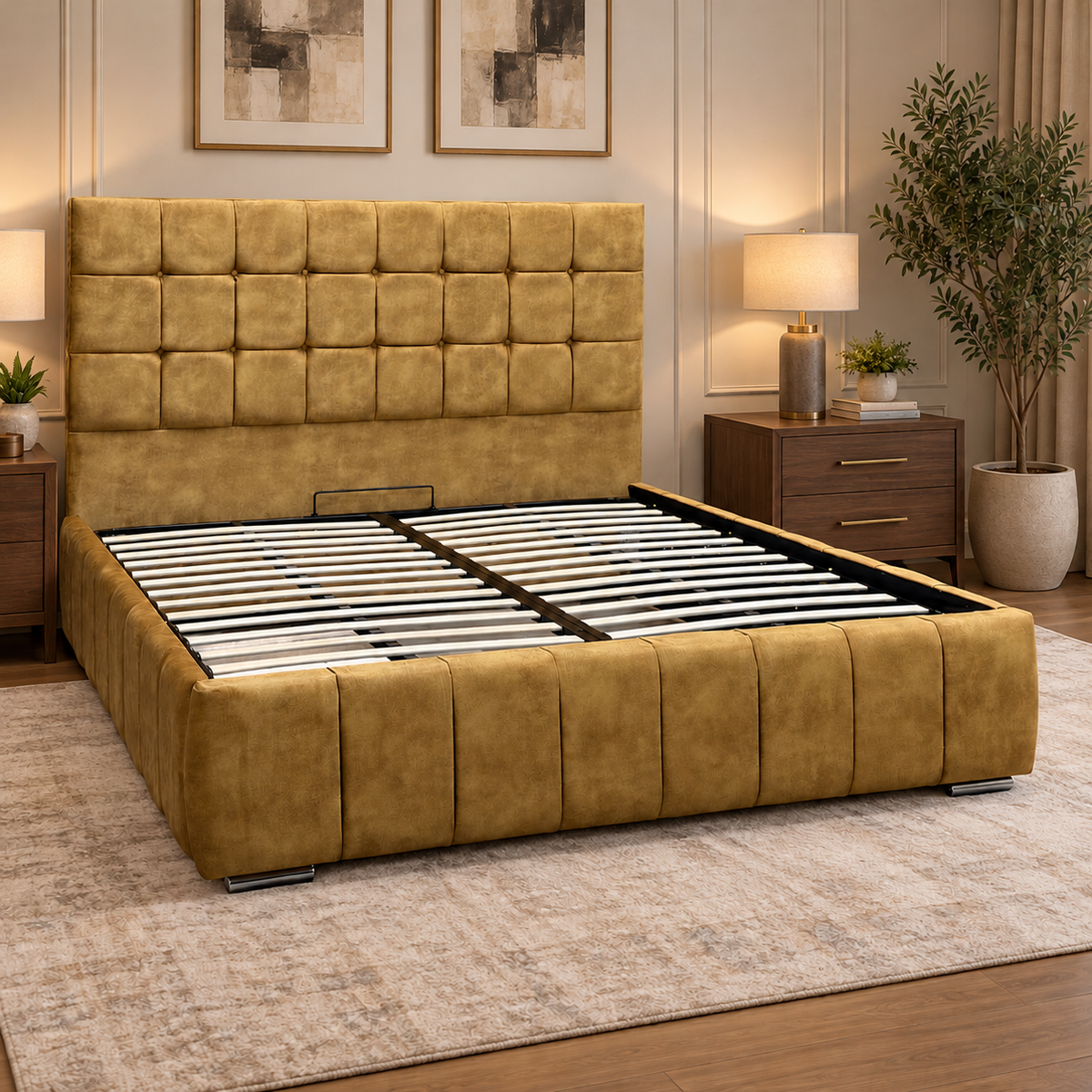 ‘Sullivan’ Heritage Saffron Mustard Velvet Ottoman End Lift Bed - Super King