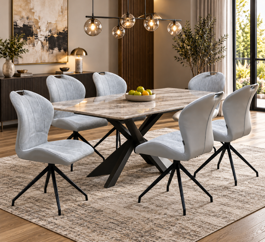 Raul stone grey set of 6 swivel dining chairs around a dining table in a dining room scene
