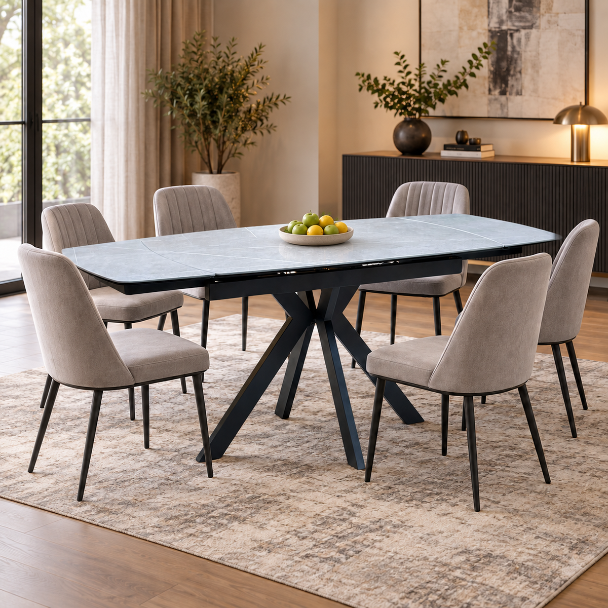 ‘Quattro’ Ash Grey Ceramic Top Extending Draw Leaf Table
