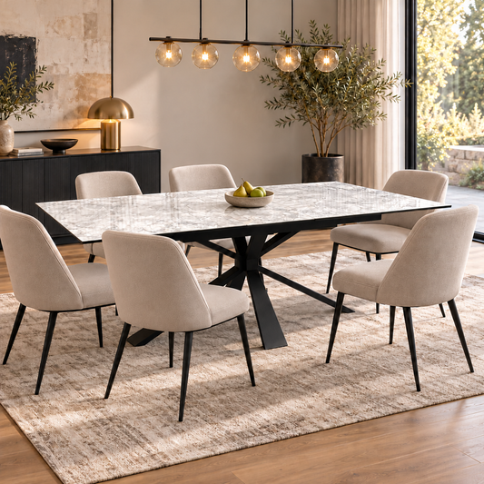Crete white ceramic extending dining table with six cream chairs in a dining room under pendant lights