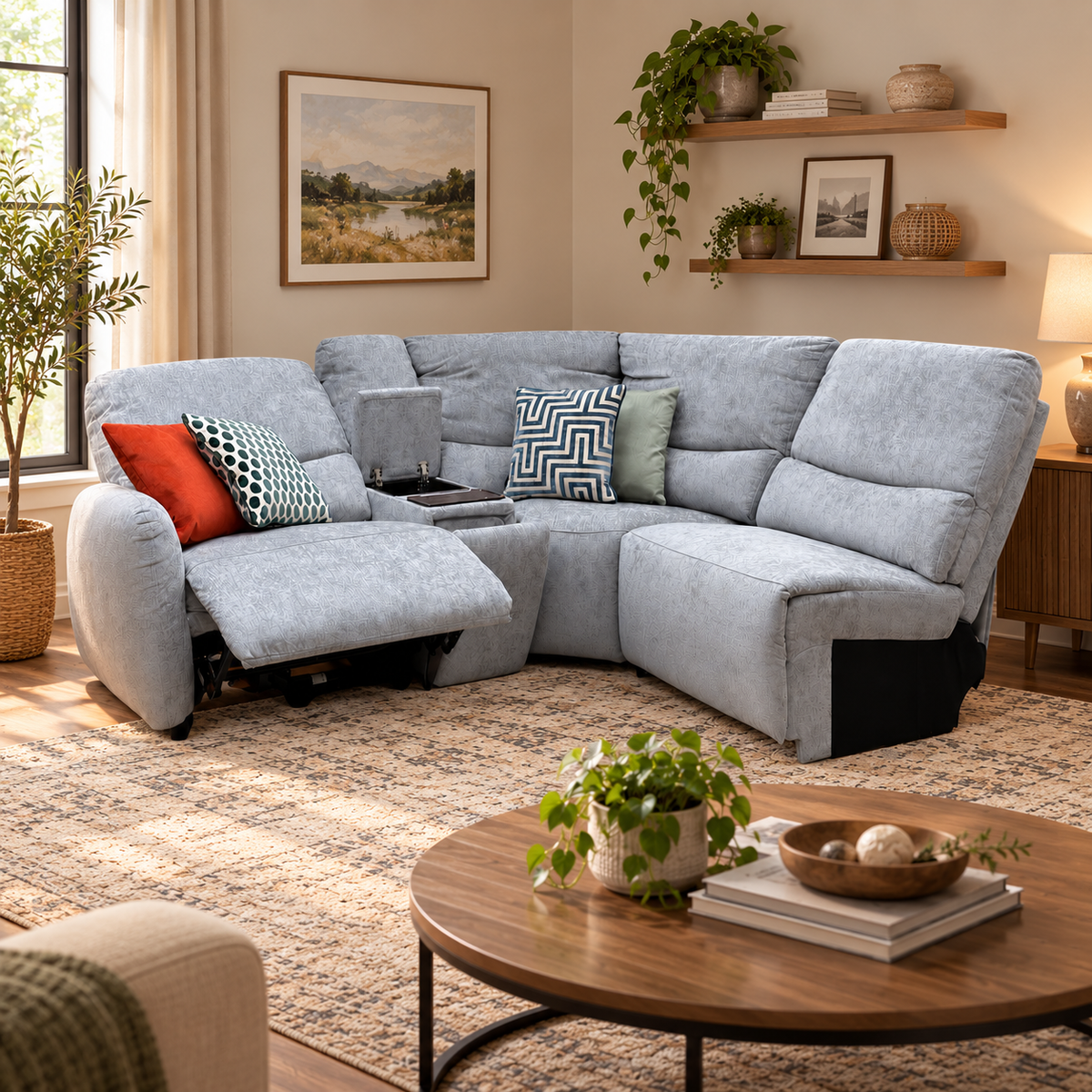 Darren light grey fabric power recliner chaise sofa in a living room with a round wooden coffee table