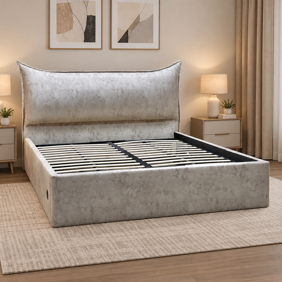 'Celestial' Allora Stone Grey Fabric Electric Ottoman Bed Frame - Super King
