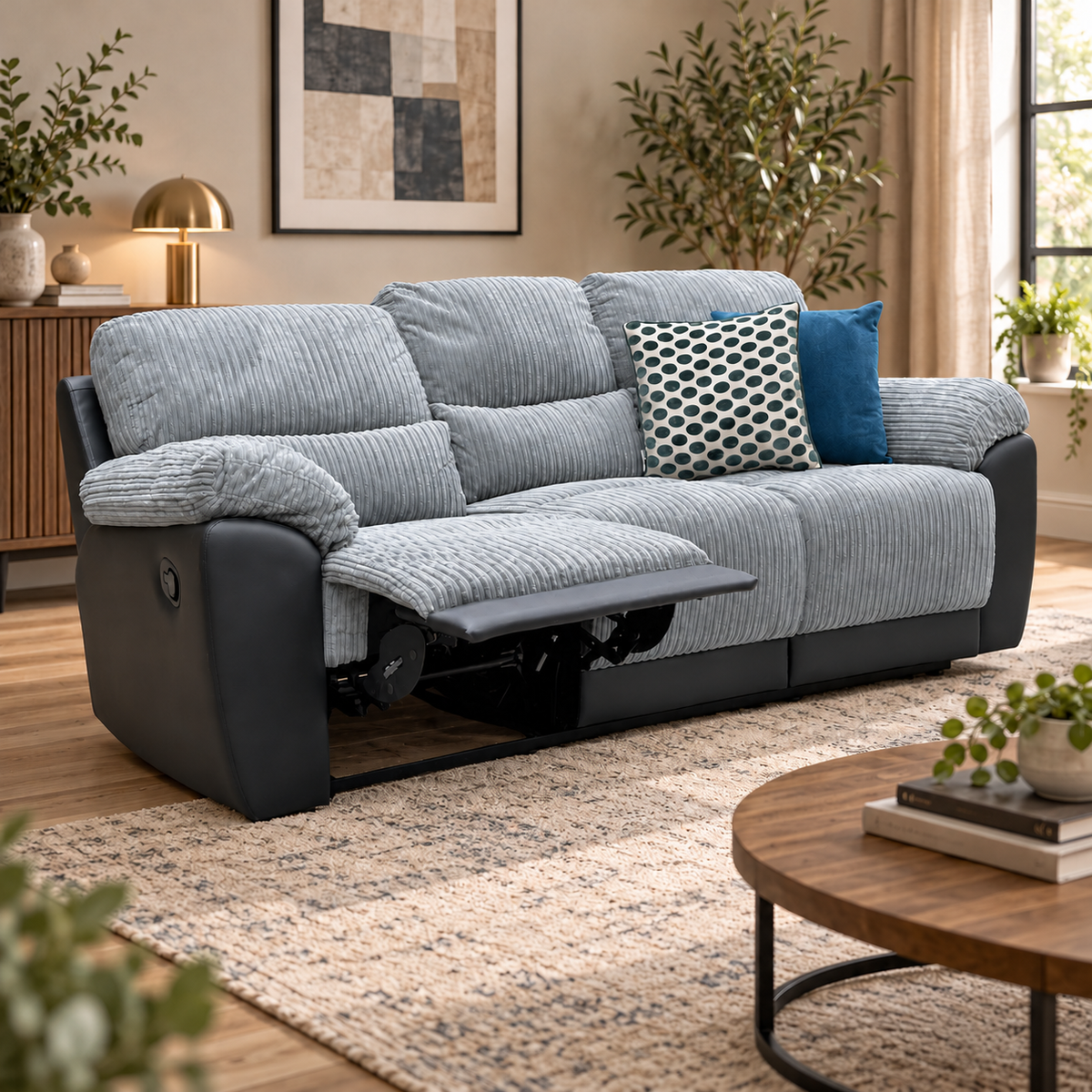 'Sienna’ Black: Grey Fabric: Faux Leather High Back 3 Seater Manual Recliner Sofa