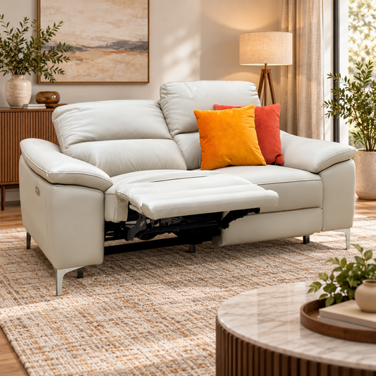 Pavilion soft grey leather 2 seater recliner sofa in a living room with the left seat reclined, by a coffee table
