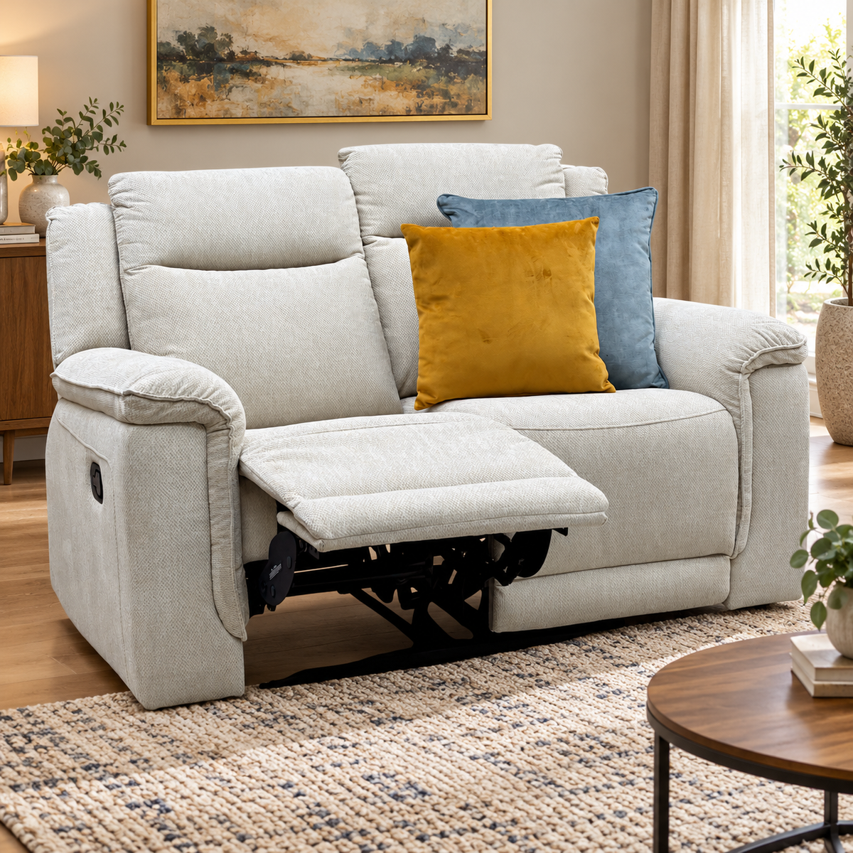 Miro natural fabric 2 seater recliner sofa in a living room, one seat reclined, ochre and blue cushions