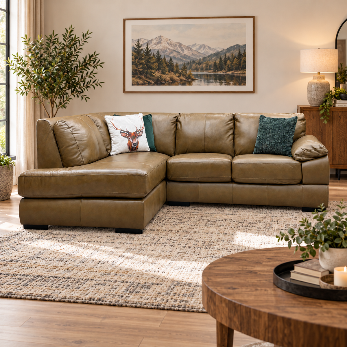 Marlow tan brown leather corner chaise sofa in a living room with a mountain painting, rug and round coffee table