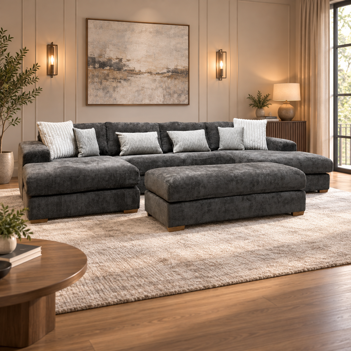 'Broadgate' Chocolate Brown Woven Fabric Large U-shape Modular Sofa with Footstool