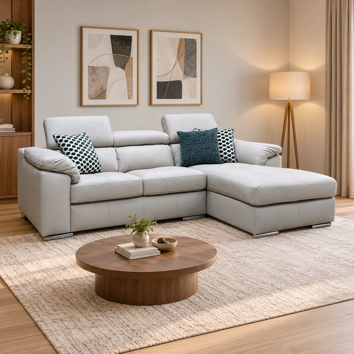 Brady grey leather chaise sofa in a living room with a round walnut coffee table and abstract prints
