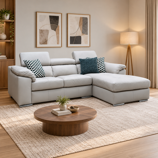 Brady grey leather chaise sofa in a living room with a round walnut coffee table and abstract prints