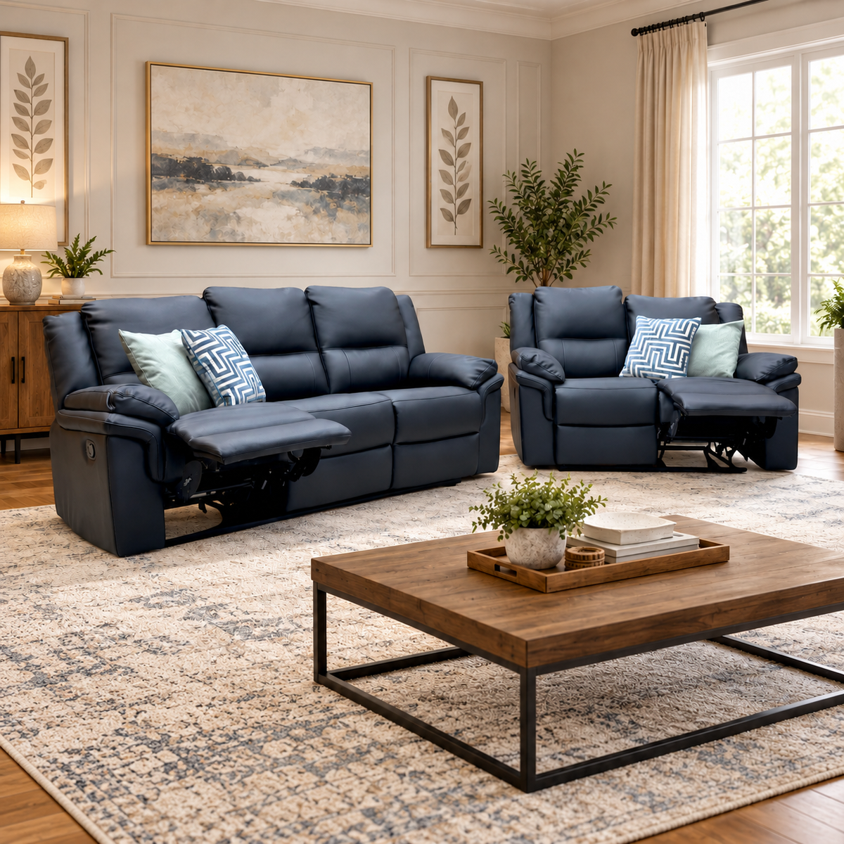 'Albion' Black Luxury Faux Leather 3 + 2 Seater High Back Manual Recliner Sofa Set