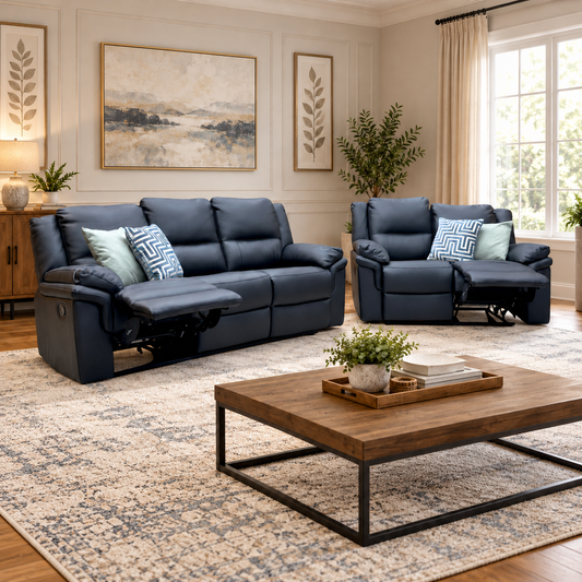 Albion black faux leather 3 + 2 seater recliner sofa set in a living room with a reclined seat and wooden coffee table