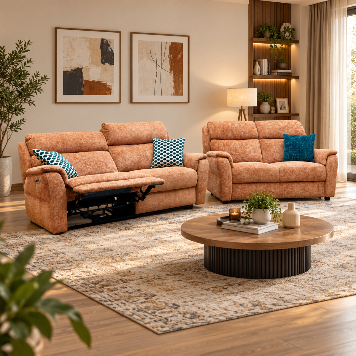 Nicoletti Vito orange fabric 3 and 2 seater sofa set in a living room with a round wooden coffee table, one seat reclined