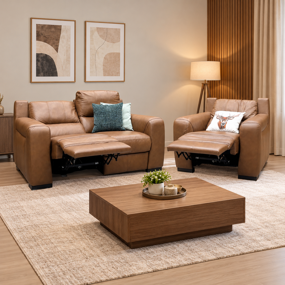 Marinelli Viali bark brown leather 2 seater sofa and chair reclined in a living room with a walnut coffee table and rug