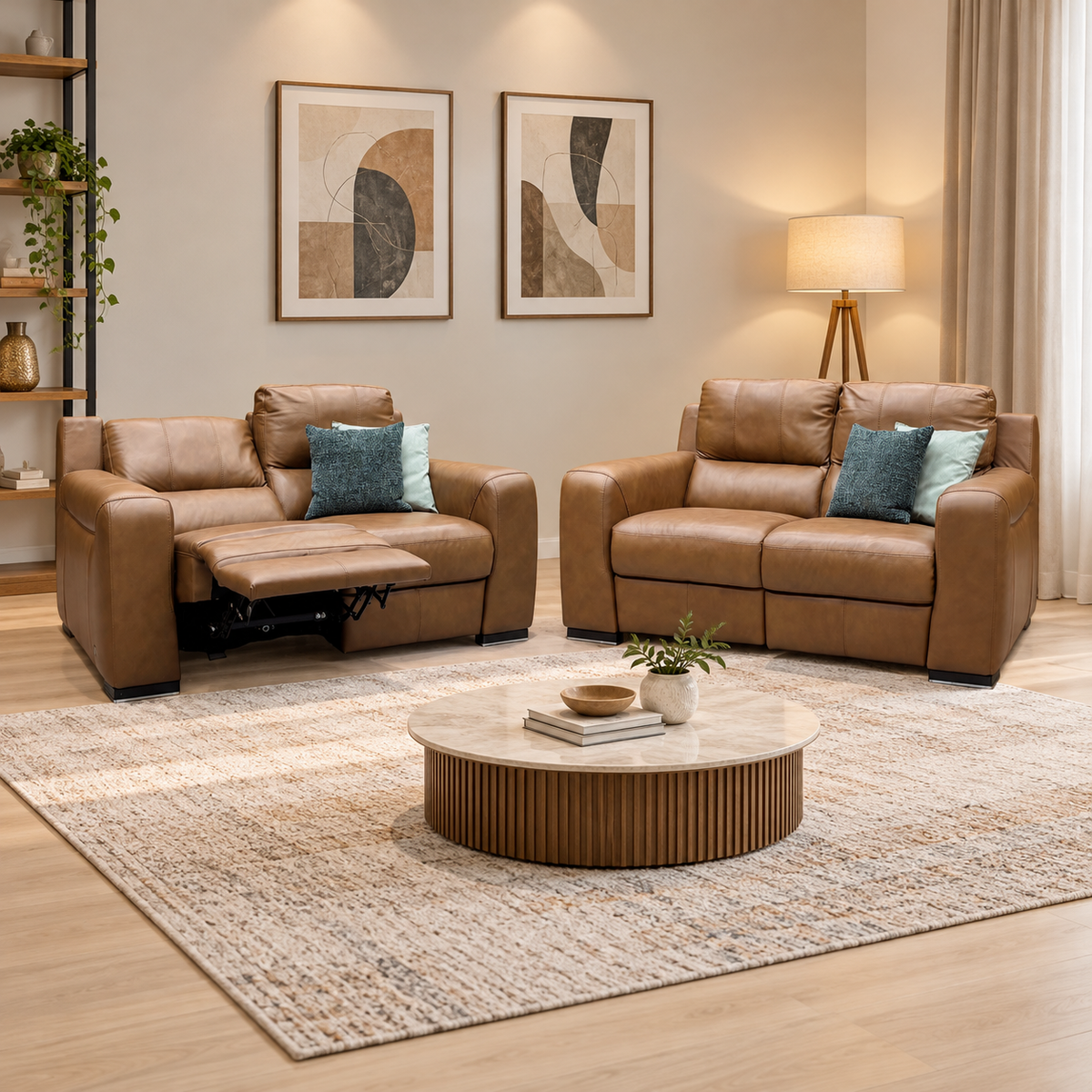 Marinelli Viali bark brown leather 2 seater sofa pair in a living room with a round marble coffee table