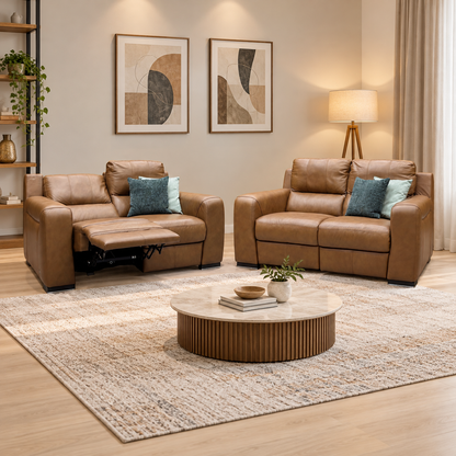 Marinelli Viali bark brown leather 2 seater sofa pair in a living room with a round marble coffee table