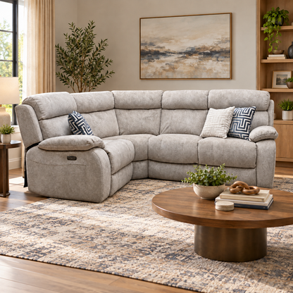 'Moreno' Bfa-Bnn-R26 Cream Velvet Fabric Left Hand Facing Power Recliner Corner Sofa with Power Headrest