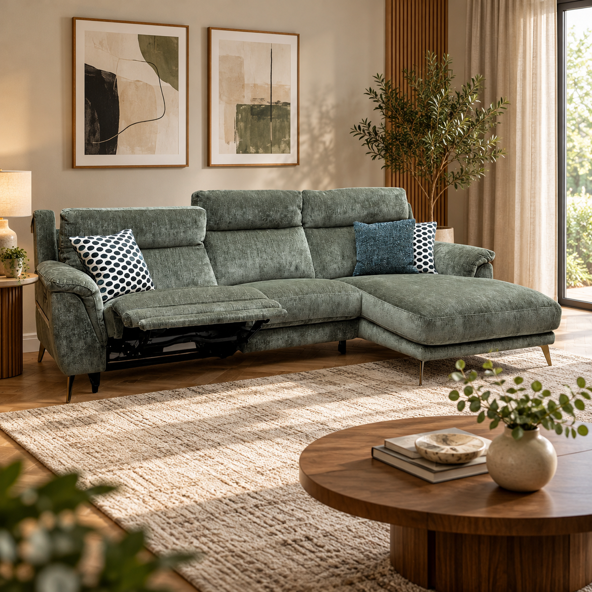 ‘Eclipse’ Fab-Crn-R353 Forest Green Br Chenille Fabric Power Recliner Right Hand Facing Corner Sofa with Power Headrests