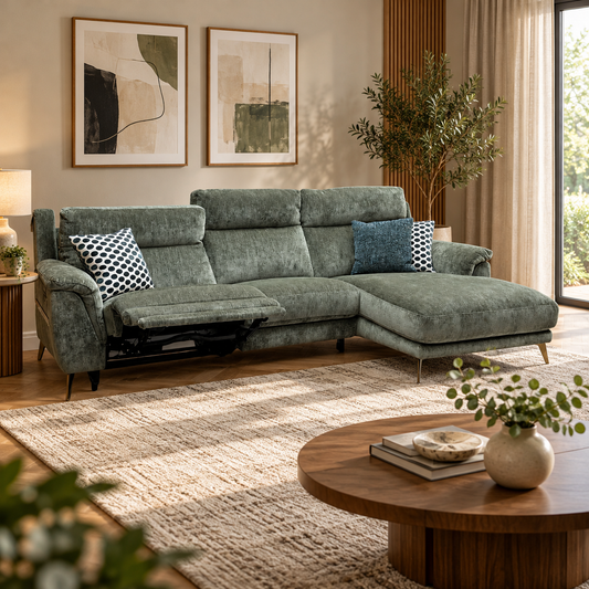 Eclipse forest green chenille corner sofa in a living room scene, left seat reclined, with round coffee table