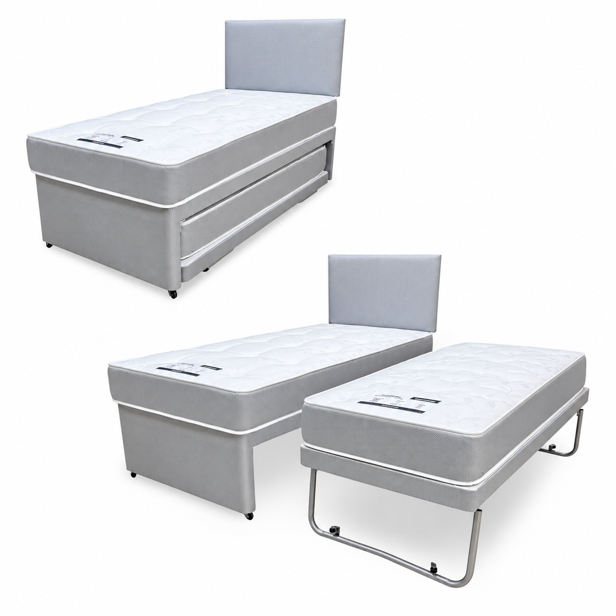 Gus grey fabric single guest bed shown closed and with the pull-out bed extended beside it on folding legs