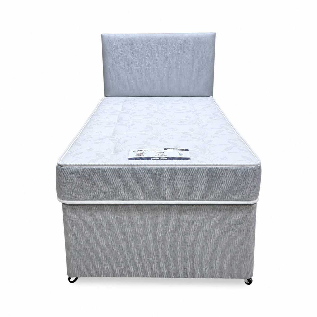 Front view of the Gus grey fabric single guest bed with headboard and the pull-out bed closed