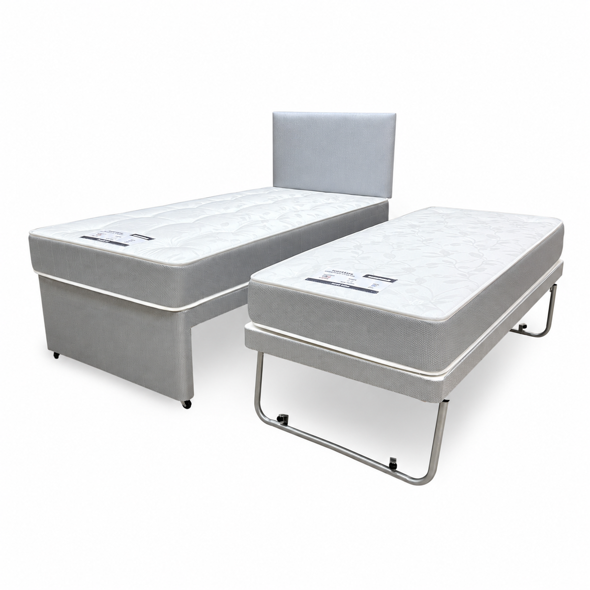 Gus grey fabric single guest bed and pull-out bed on folding legs, angled view from the other side