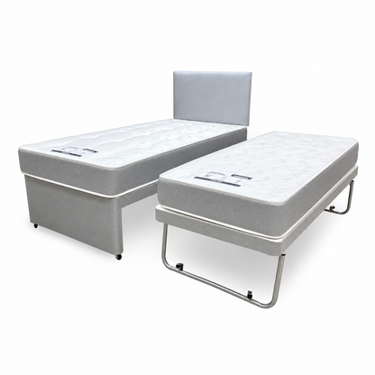 Gus grey fabric single guest bed and pull-out bed on folding legs, angled view from the other side