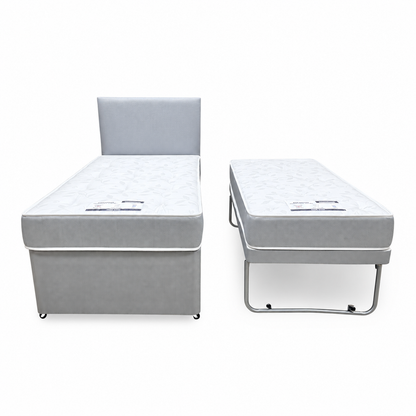 Front view of the Gus grey fabric single guest bed next to the pull-out bed raised on its folding legs