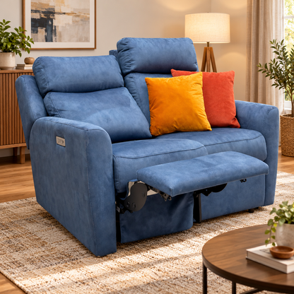 G Plan Wren indigo velvet 2 seater recliner sofa with one seat reclined in a living room beside a coffee table