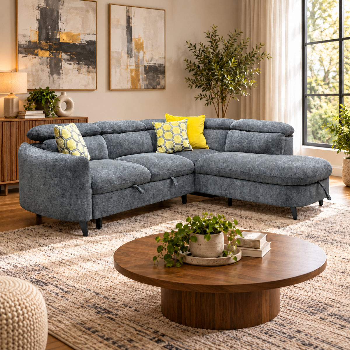 Snooze charcoal grey chenille corner sofa bed in a living room with yellow cushions and a round wooden coffee table